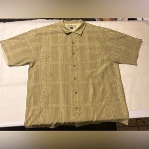 Tommy Bahama 100% Silk Camp Shirt Men’s Large Olive Khaki Striped Floral